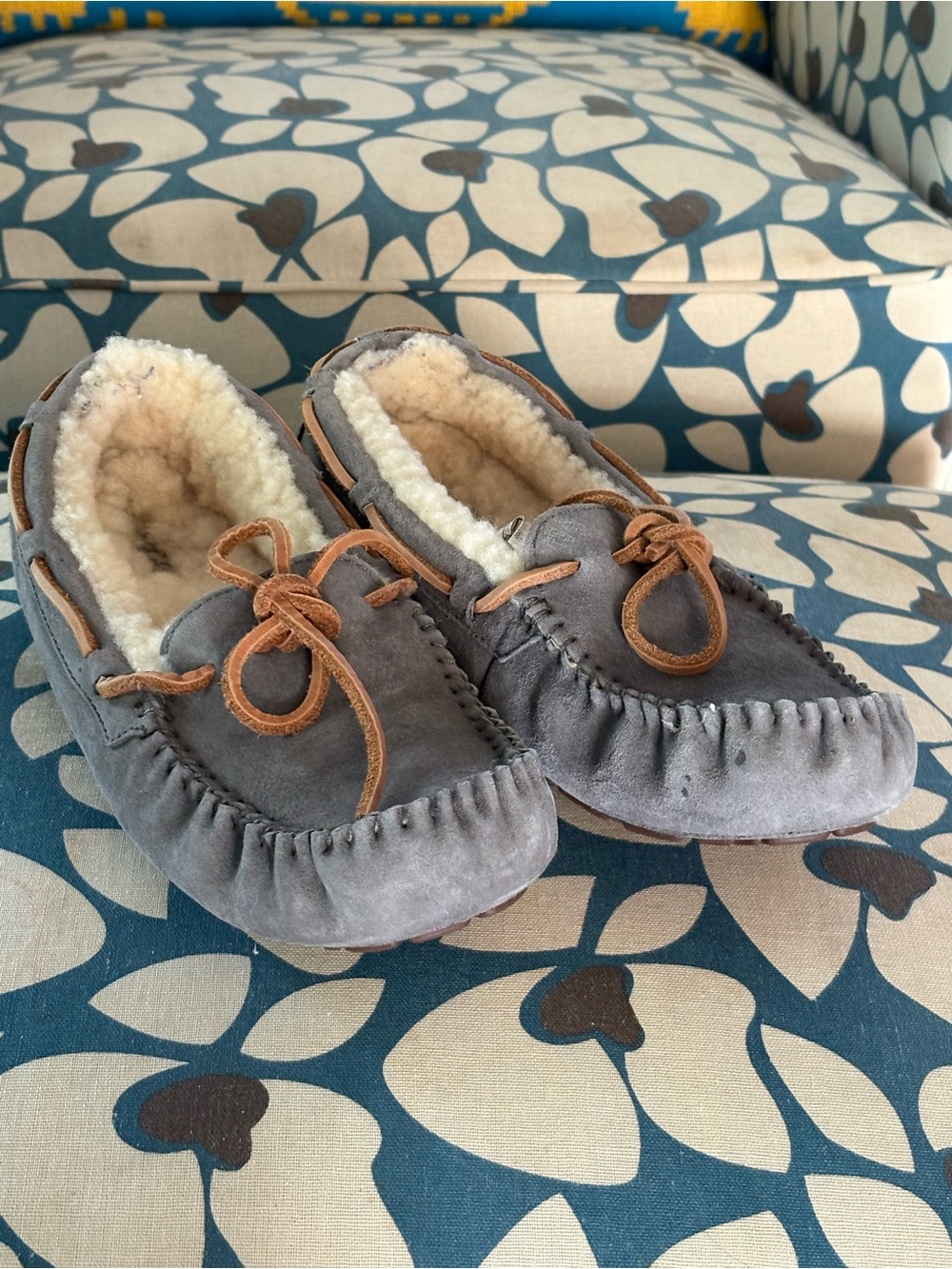 UGG Gray Suede Moccasin Slippers with Shearling Lining